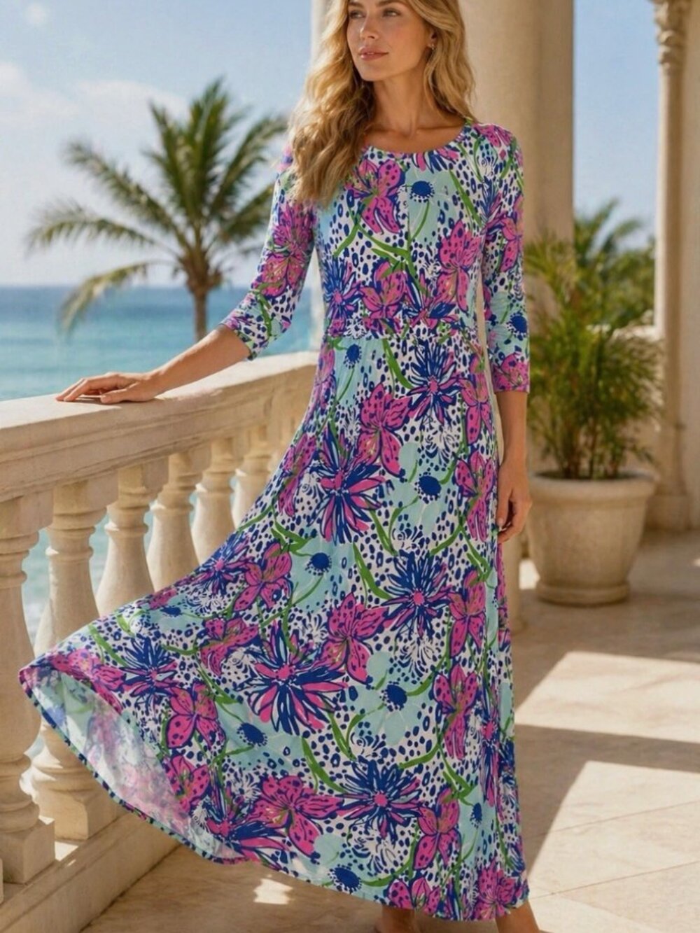 Lilly Pulitzer Nigella Maxi Dress Small S In The Garden Floral 3/4 Sleeve Resort